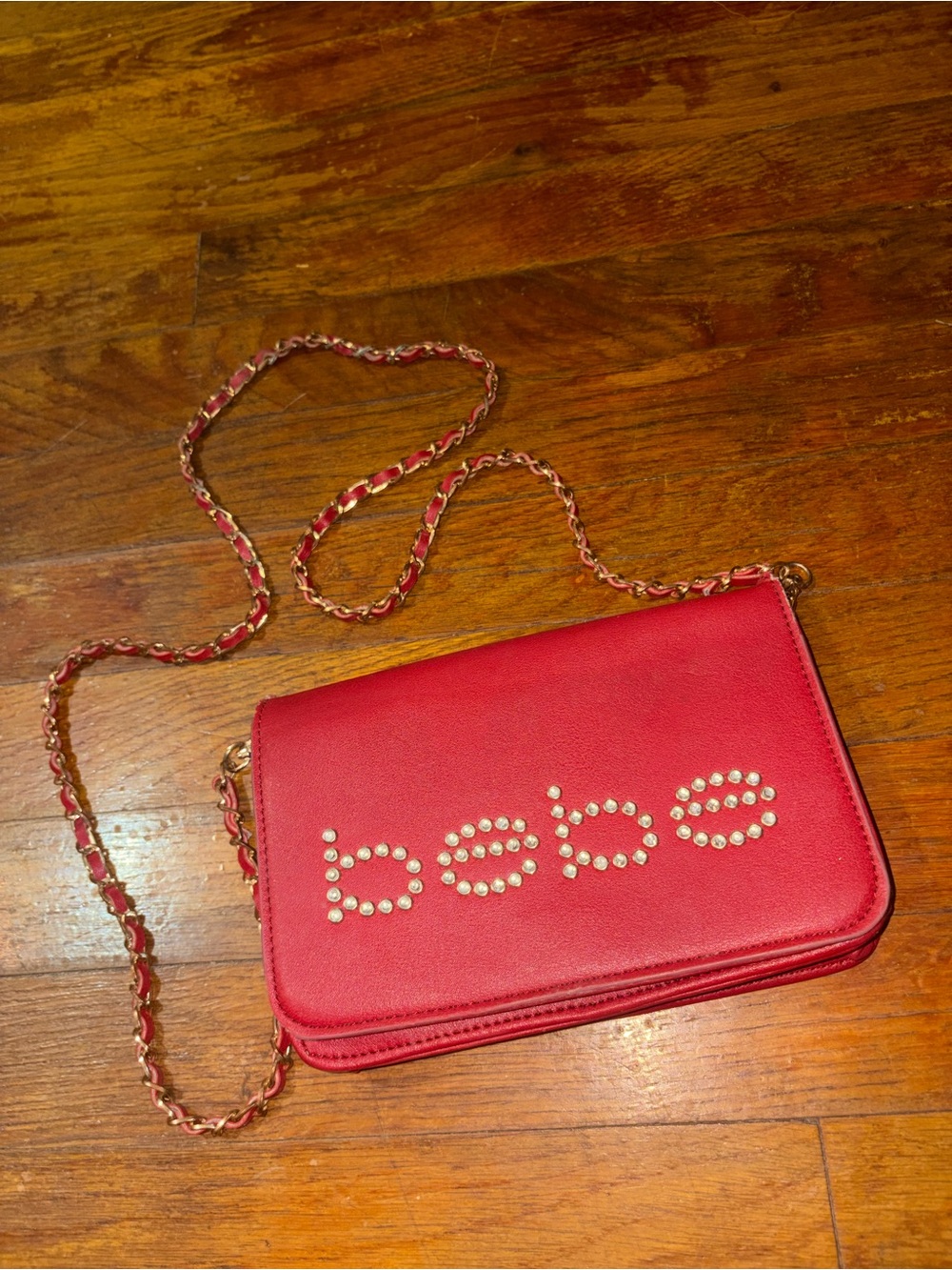 bebe Red Studded Logo Chain Crossbody Purse